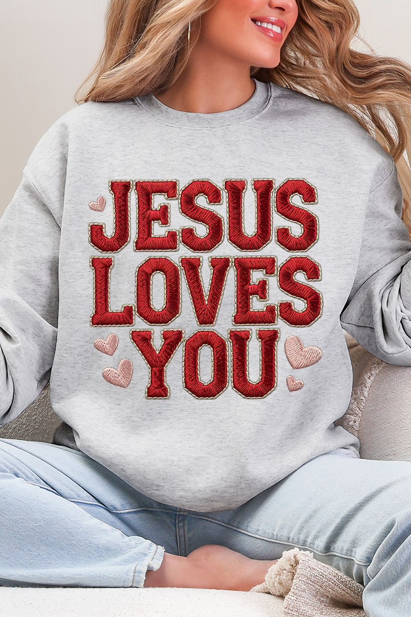 Faux Embroidery Jesus Loves You Heavy Blend Crew Sweatshirt product image 3