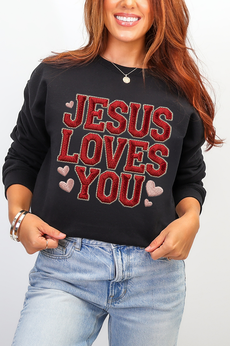 Faux Embroidery Jesus Loves You Heavy Blend Crew Sweatshirt product image 1