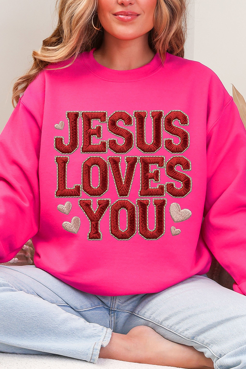 Faux Embroidery Jesus Loves You Heavy Blend Crew Sweatshirt product image 4