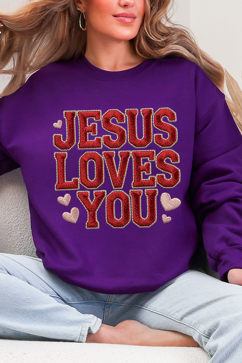 Faux Embroidery Jesus Loves You Heavy Blend Crew Sweatshirt product image 5
