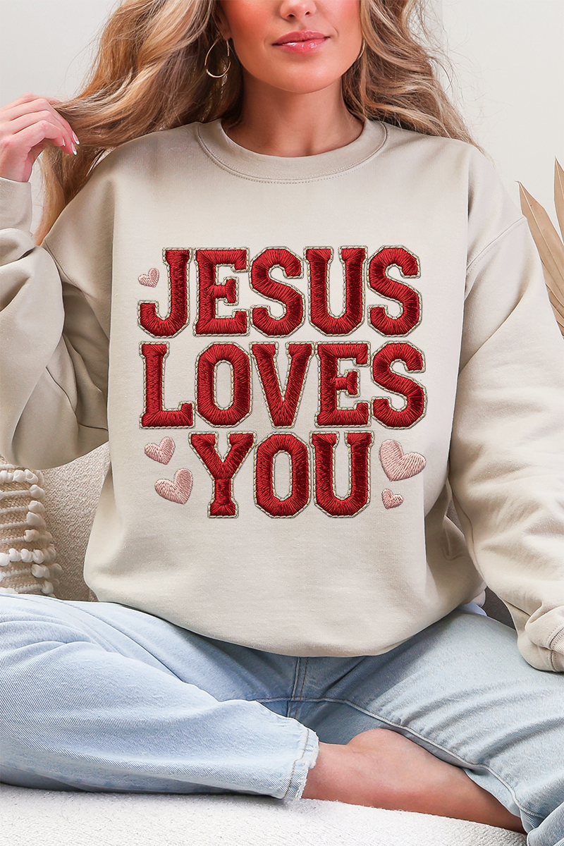 Faux Embroidery Jesus Loves You Heavy Blend Crew Sweatshirt product image 6