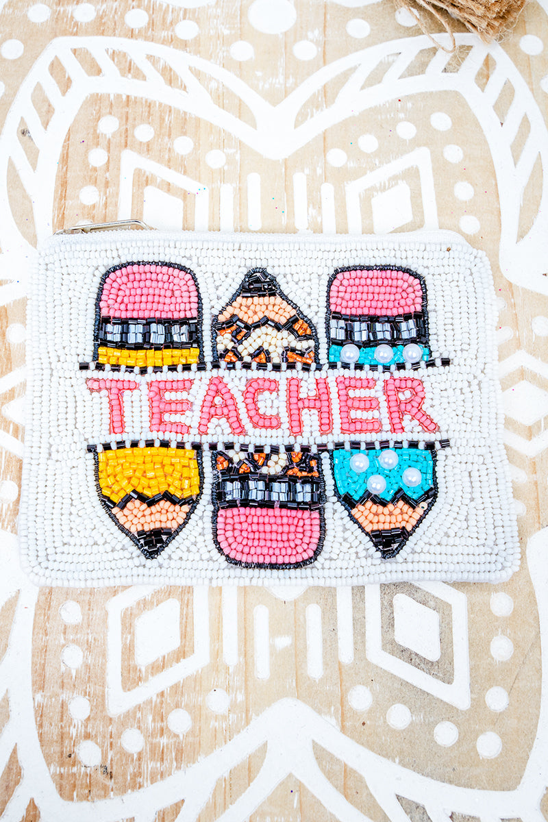 Write on Point Teacher White Seed Bead Coin Purse