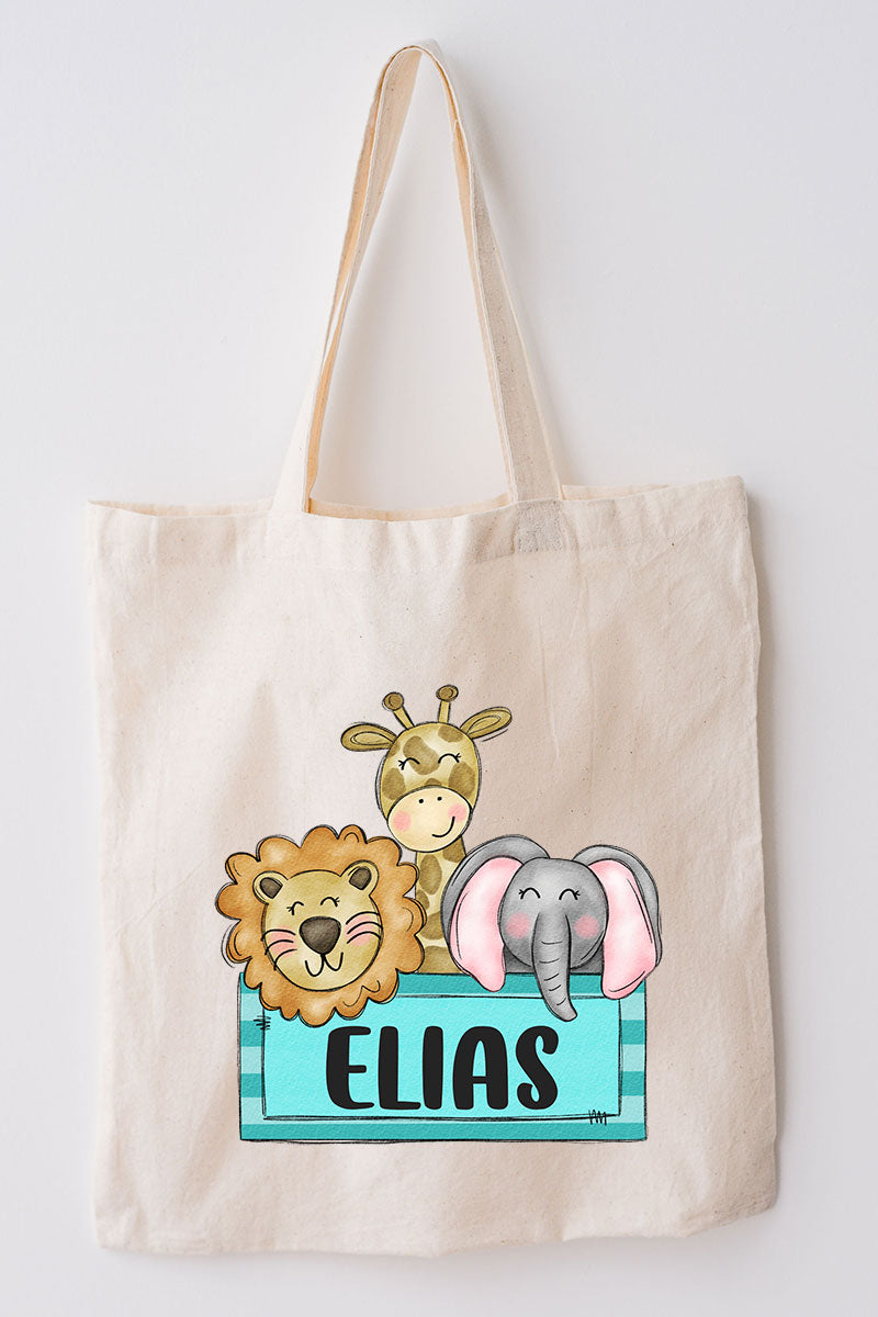 Personalized Blue Zoo Trio Small Canvas Tote *Personalize Your Name