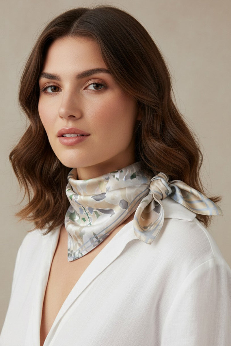 Brushstroke Blooms Beige Square Satin Scarf
