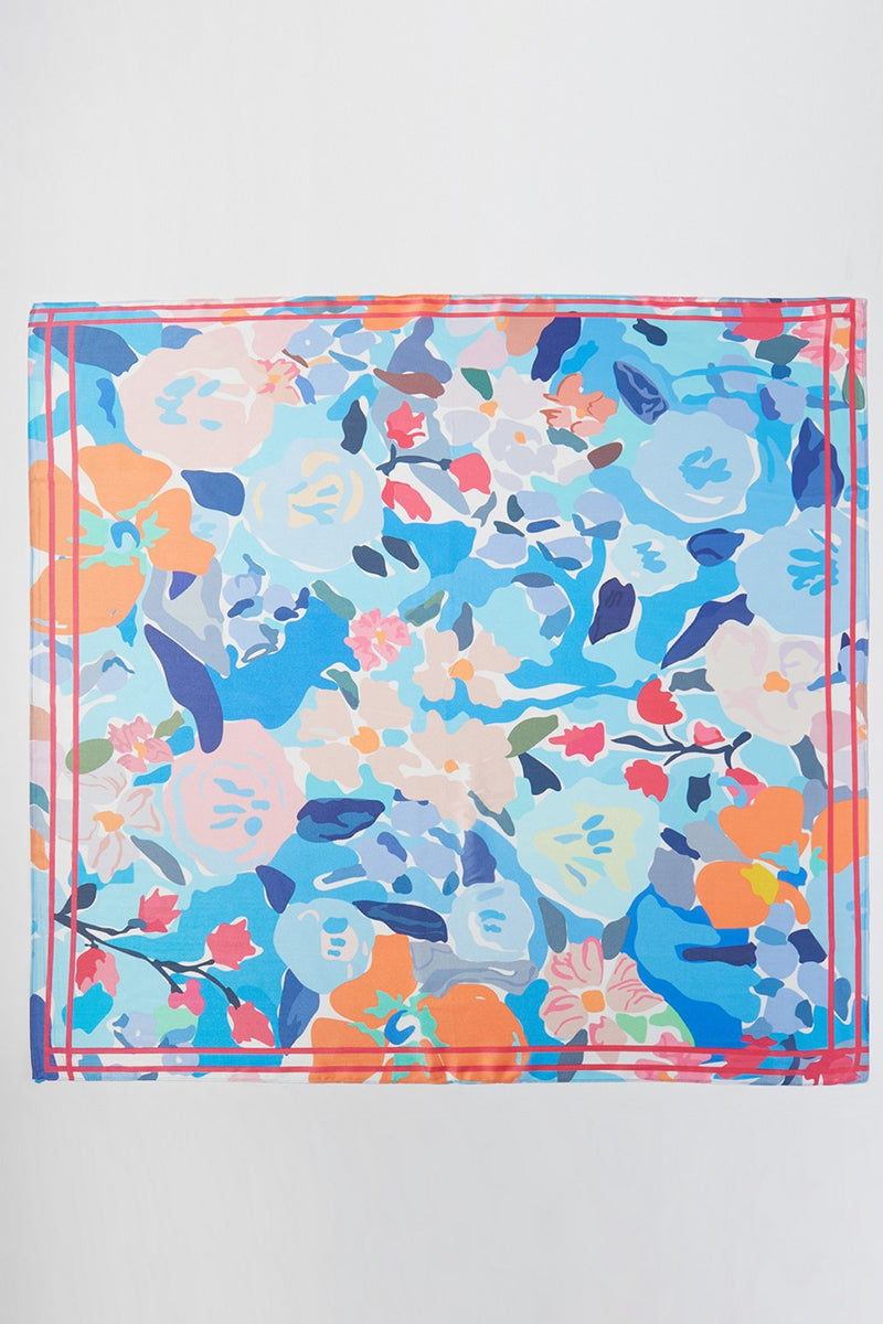 Brushstroke Blooms Blue Square Satin Scarf