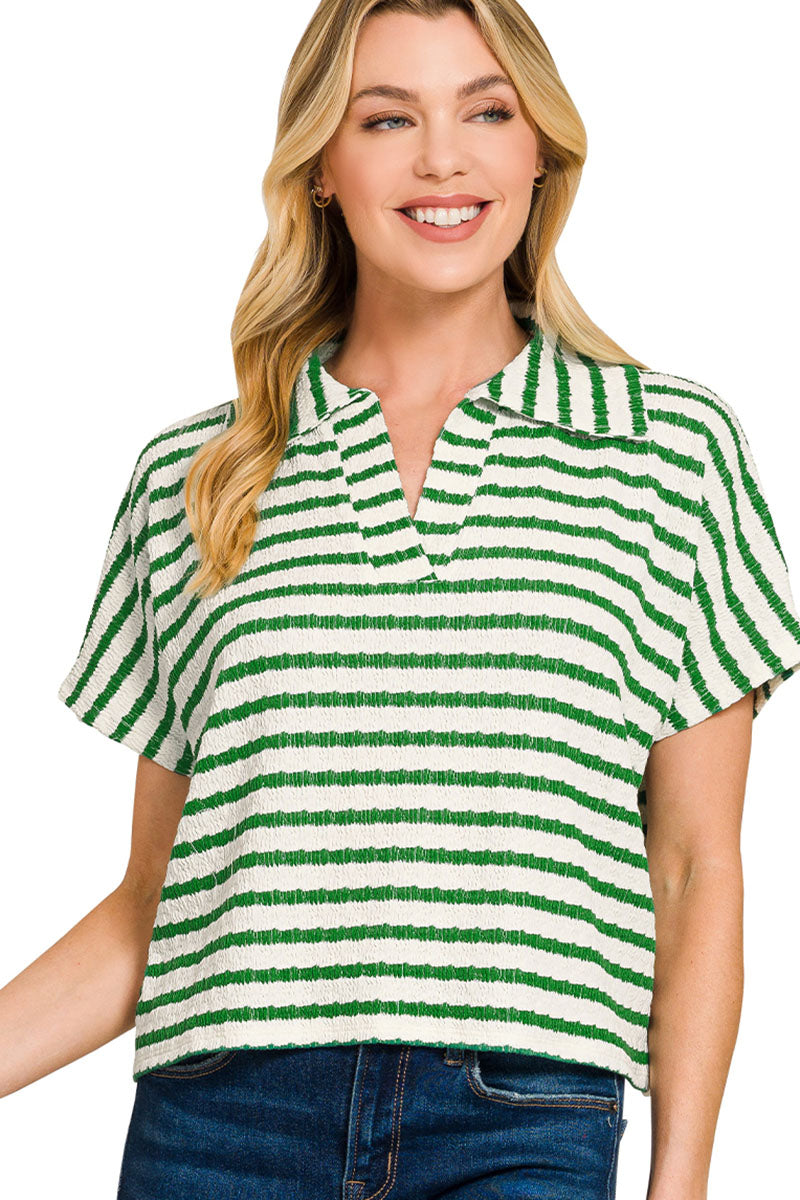 Cape Cod Kelly Green Split Collar Striped Top