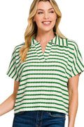 Cape Cod Kelly Green Split Collar Striped Top