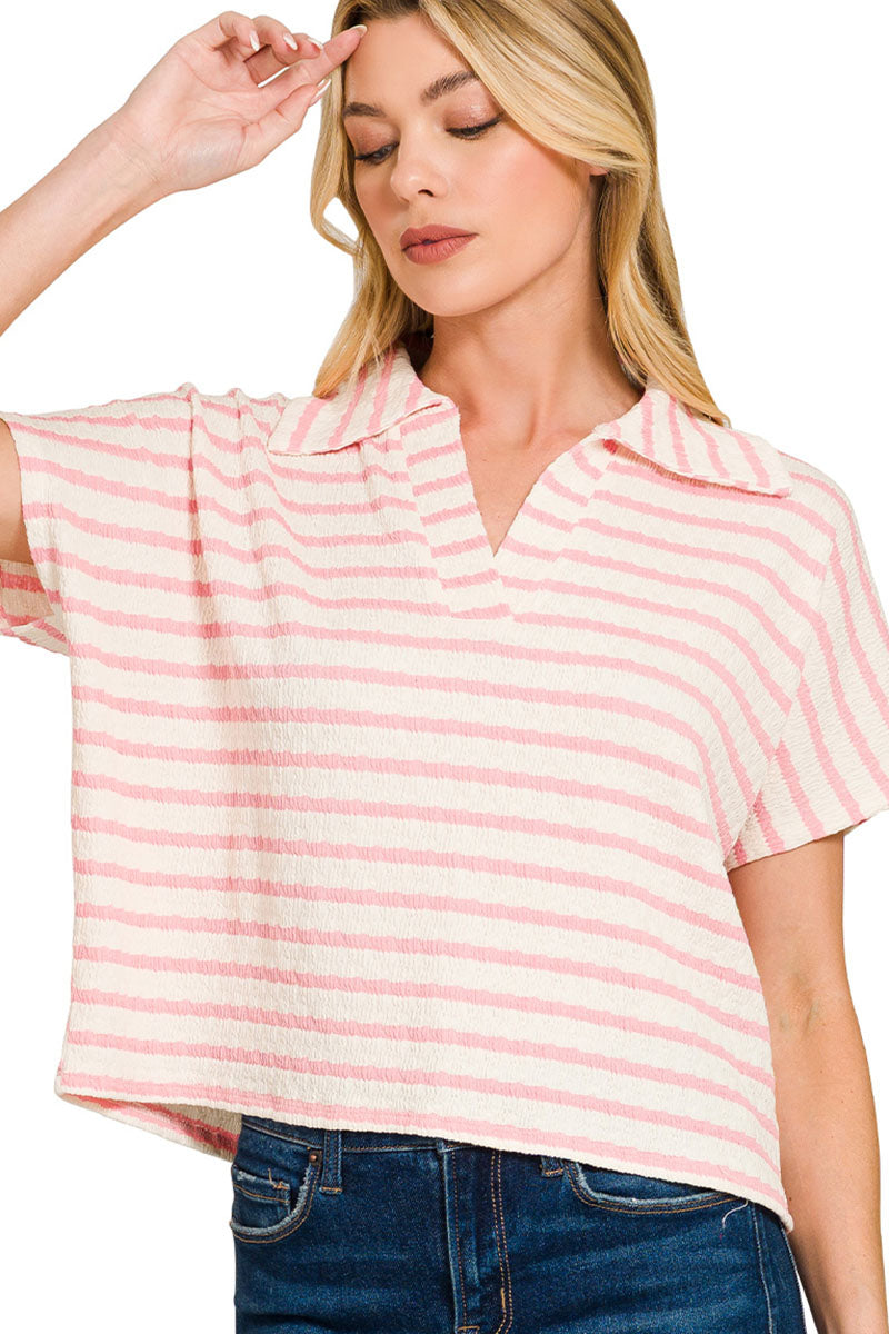 Cape Cod Pink Split Collar Striped Top
