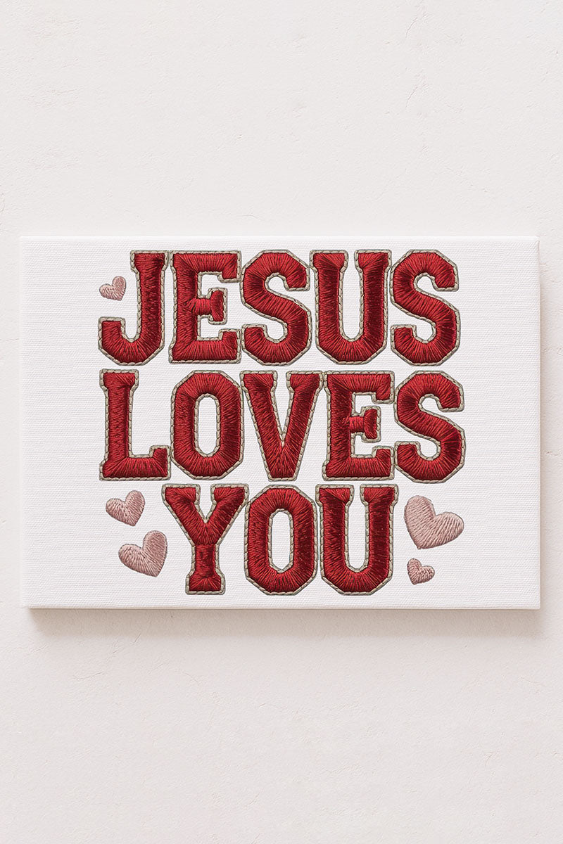 Faux Embroidery Jesus Loves You Stretched Canvas Print