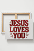 Faux Embroidery Jesus Loves You Stretched Canvas Print