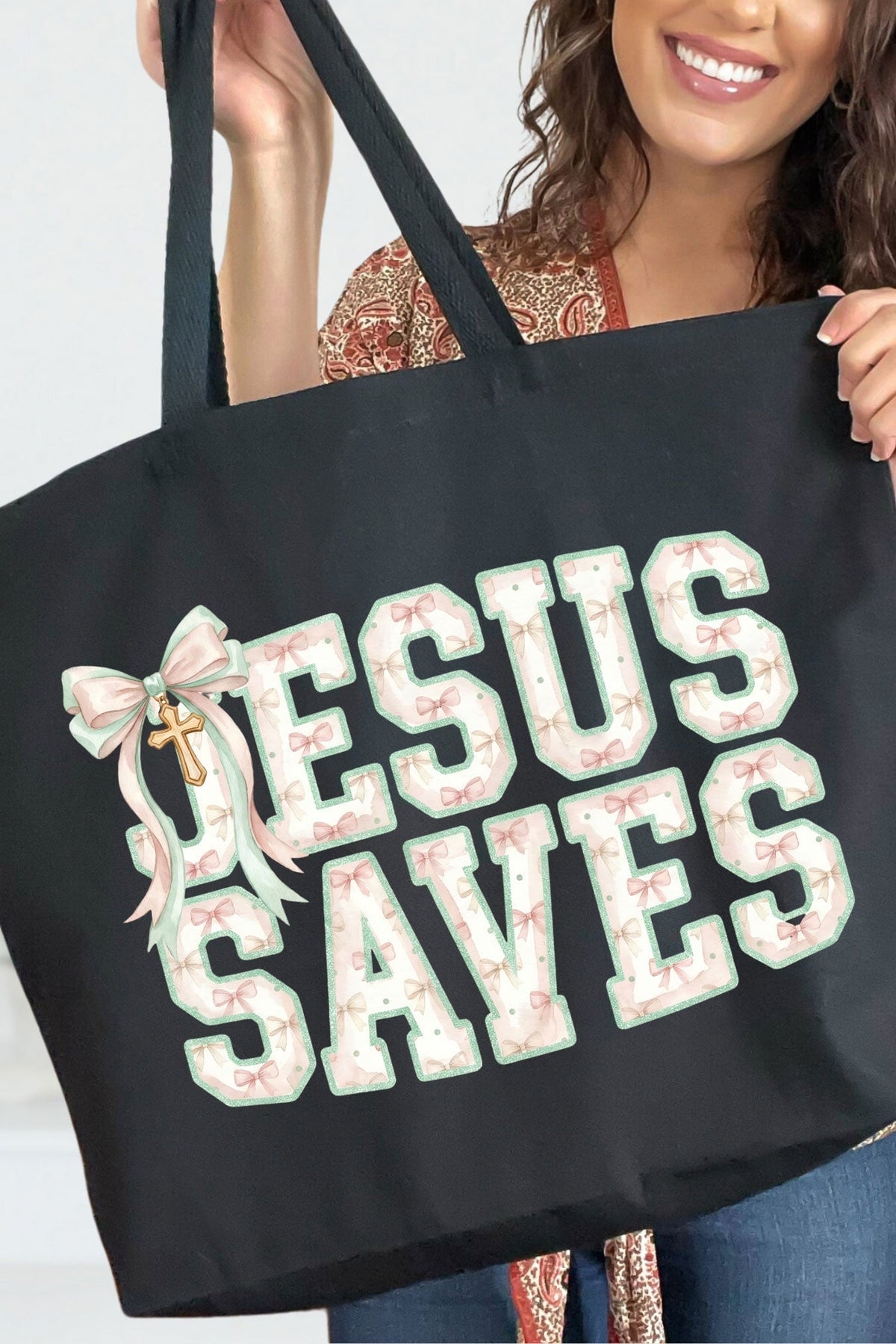 Jesus Saves Coquette Cross Canvas Jumbo Tote