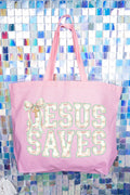 Jesus Saves Coquette Cross Canvas Jumbo Tote