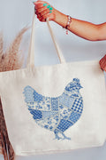 Faux Patchwork Blue Chicken Canvas Jumbo Tote