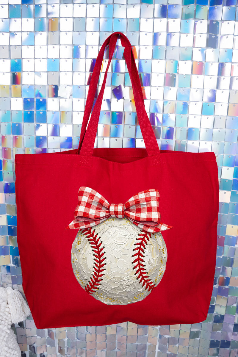 Painted Baseball Bow Canvas Jumbo Tote