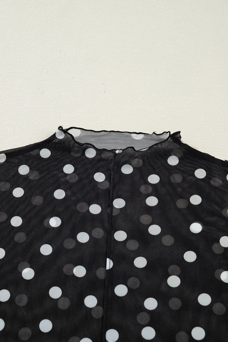 Playful Polka Black Mock Neck Slim Mesh Top