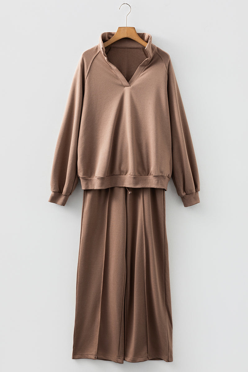 Snow Day Style Dark Khaki V-Neck Pullover and Sweatpants Set