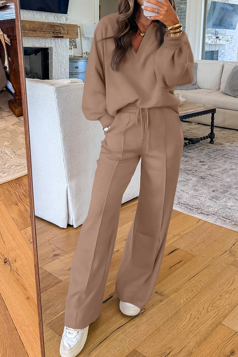 Snow Day Style Dark Khaki V-Neck Pullover and Sweatpants Set
