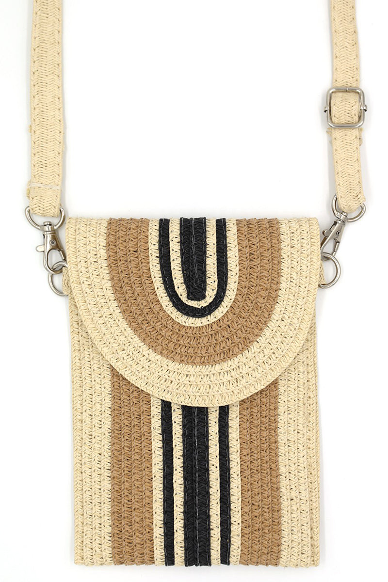Isla Stripe Taupe Straw Cell Phone Crossbody