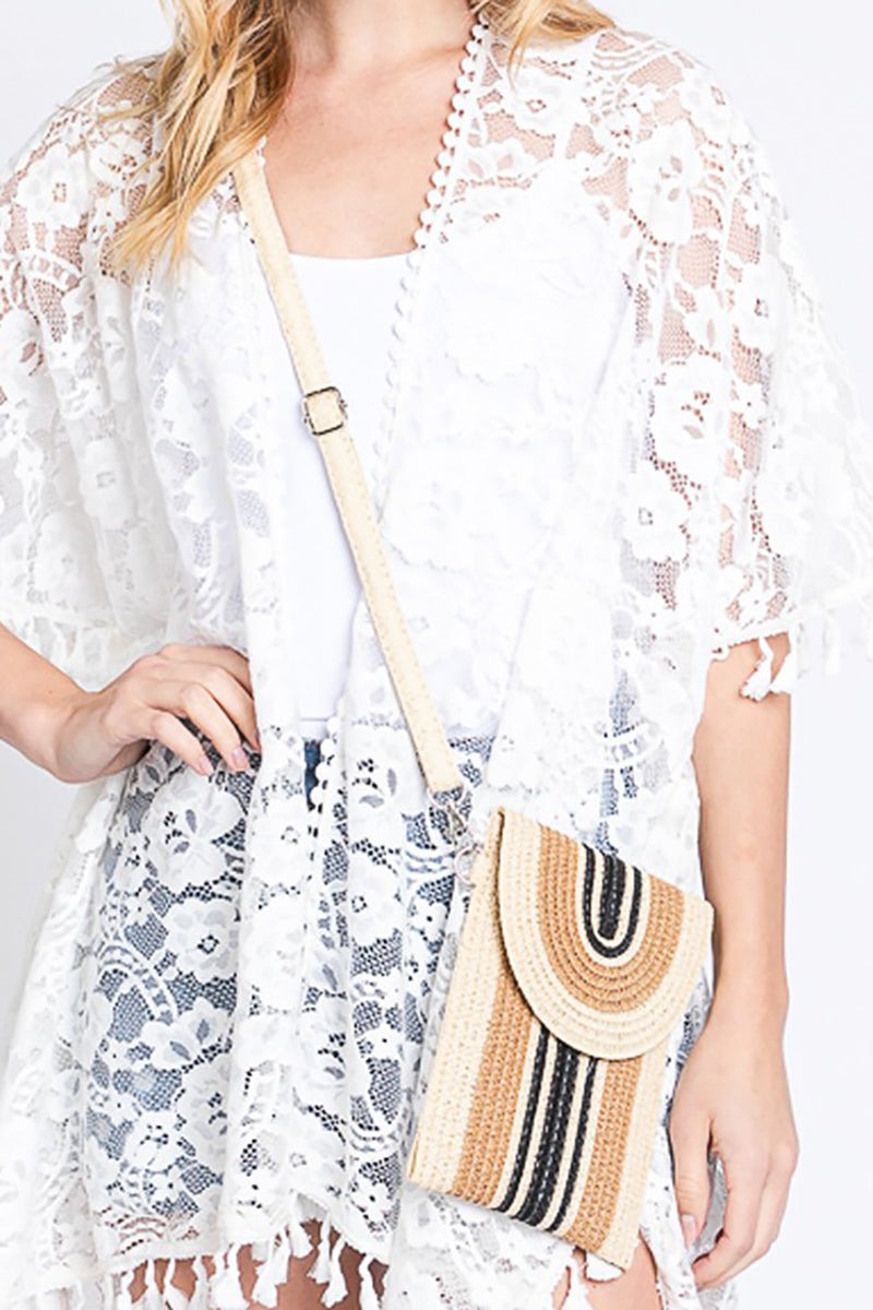 Isla Stripe Taupe Straw Cell Phone Crossbody