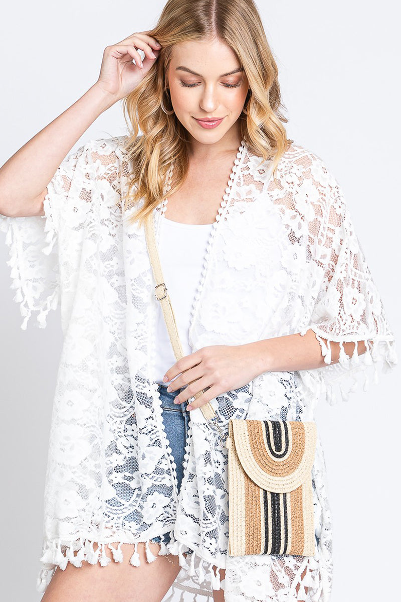 Isla Stripe Taupe Straw Cell Phone Crossbody