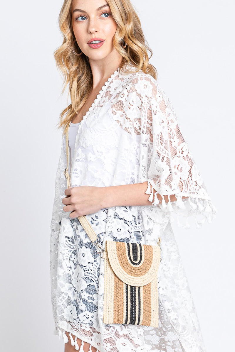 Isla Stripe Taupe Straw Cell Phone Crossbody