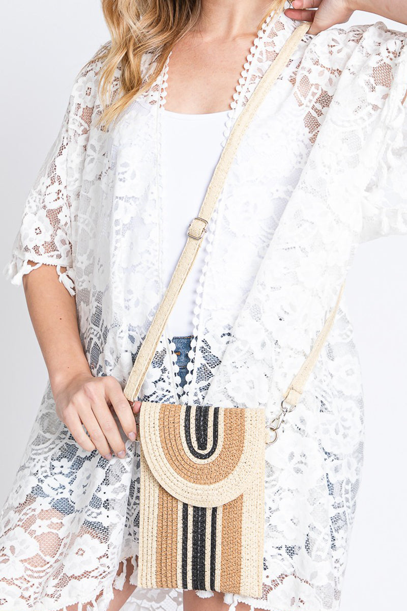 Isla Stripe Taupe Straw Cell Phone Crossbody