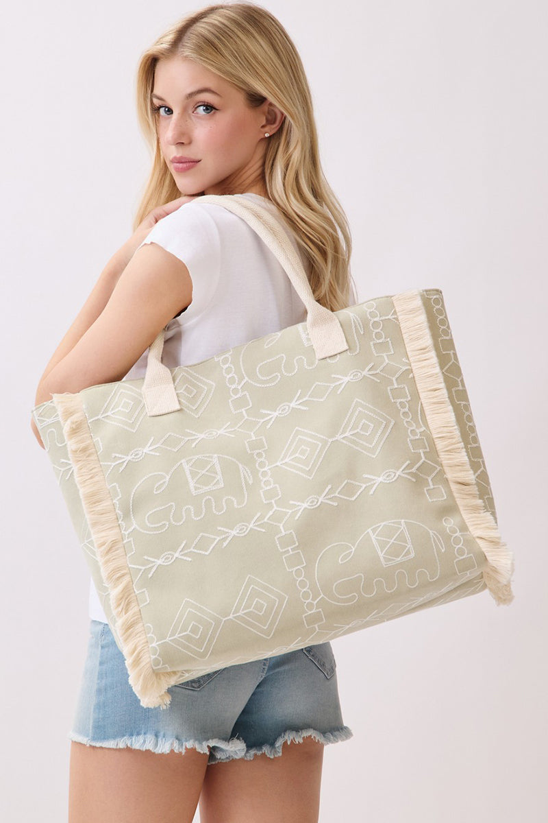 Indira Olive Elephant Fringe Tote