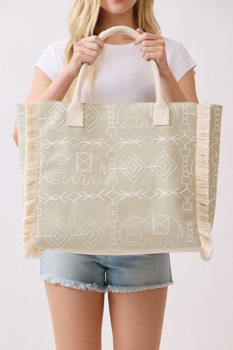Indira Olive Elephant Fringe Tote
