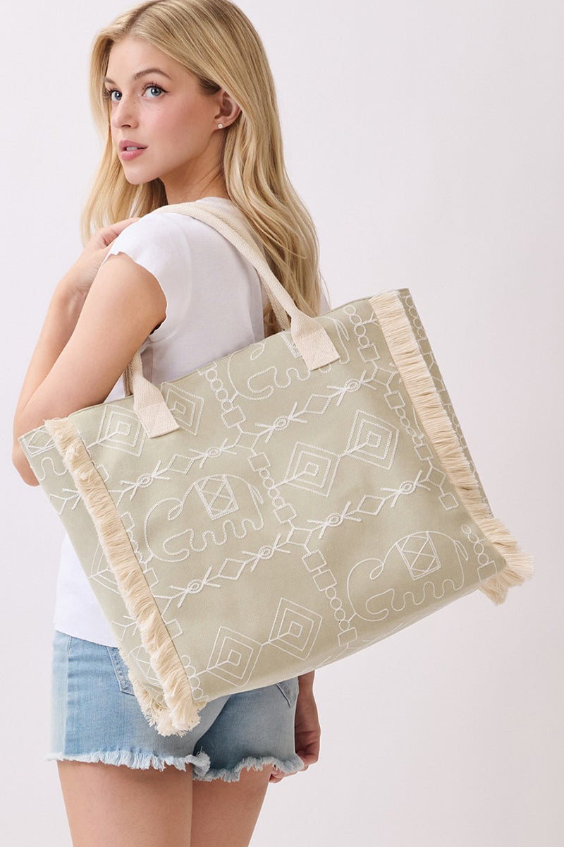 Indira Olive Elephant Fringe Tote