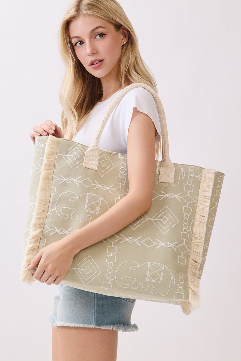 Indira Olive Elephant Fringe Tote