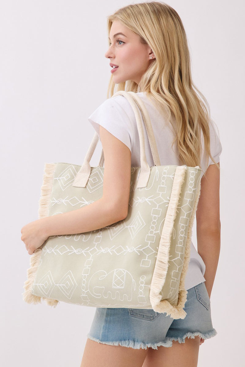 Indira Olive Elephant Fringe Tote
