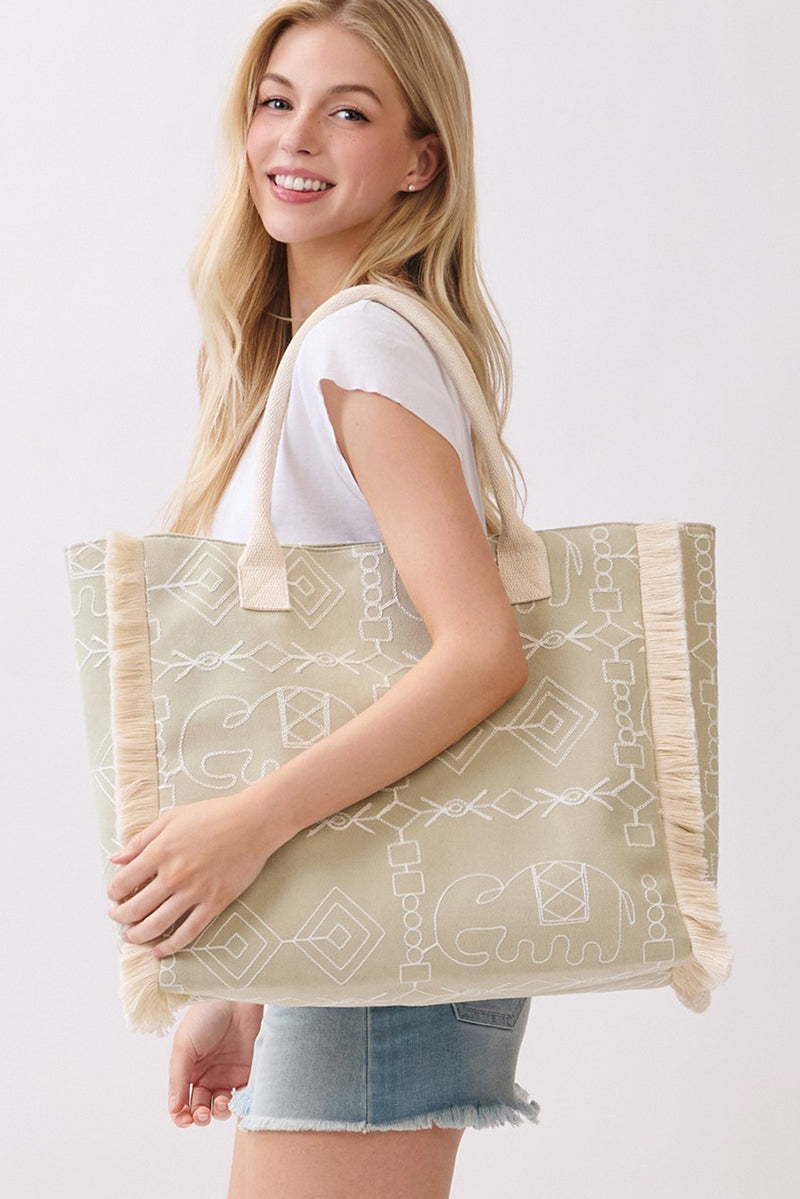 Indira Olive Elephant Fringe Tote