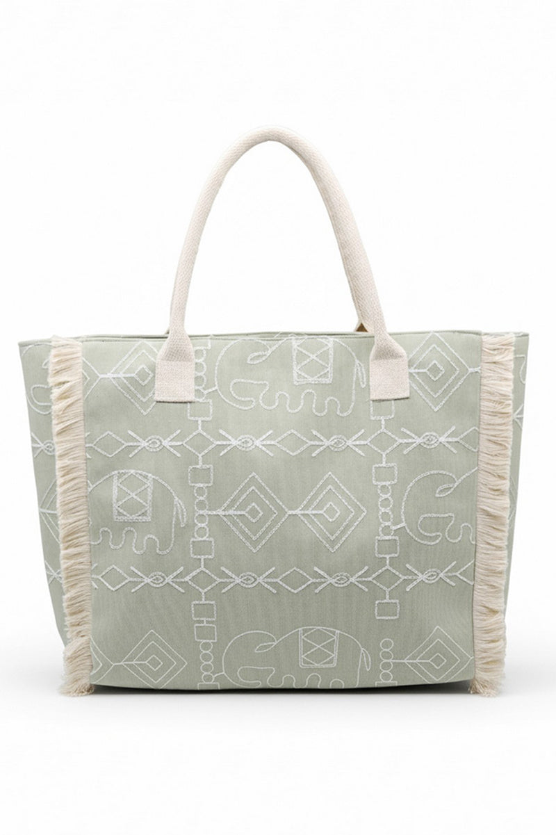 Indira Olive Elephant Fringe Tote