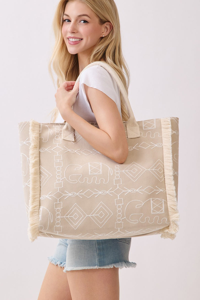 Indira Taupe Elephant Fringe Tote