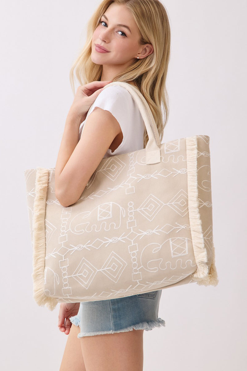 Indira Taupe Elephant Fringe Tote