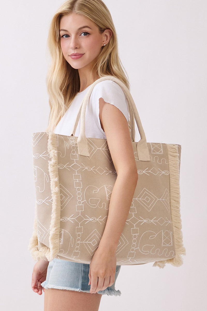 Indira Taupe Elephant Fringe Tote
