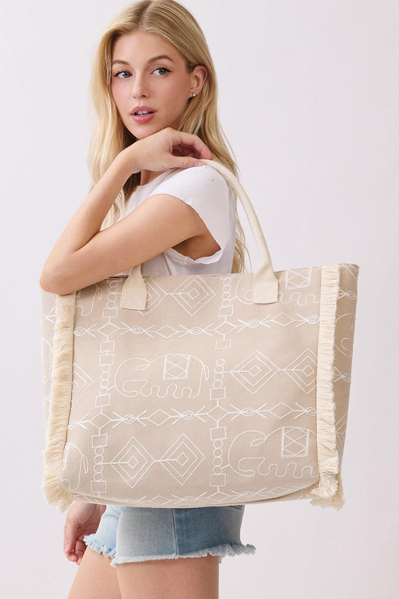 Indira Taupe Elephant Fringe Tote