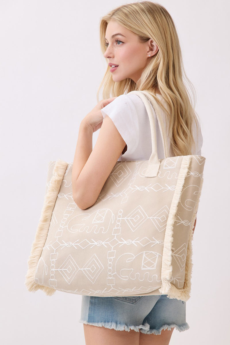 Indira Taupe Elephant Fringe Tote