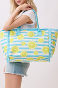 Lemon Drop Fringe Blue Striped Tote