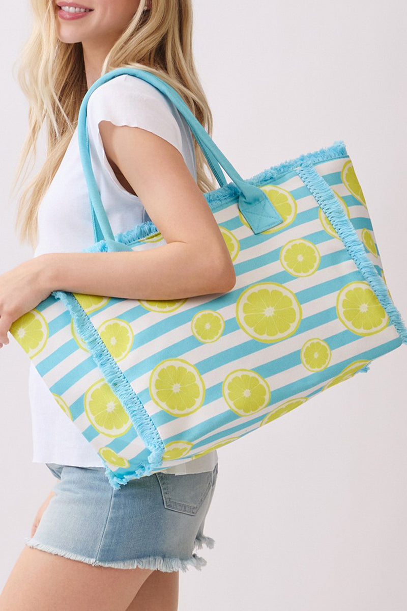 Lemon Drop Fringe Blue Striped Tote