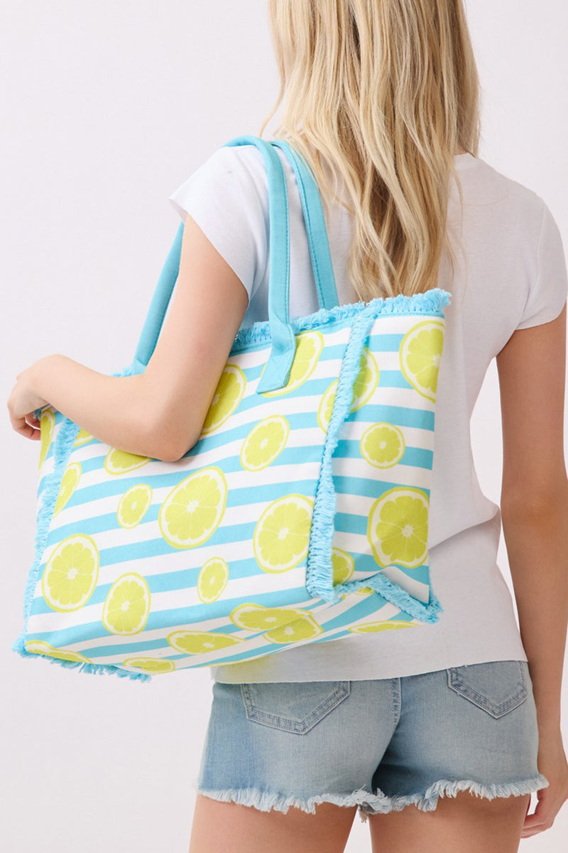 Lemon Drop Fringe Blue Striped Tote