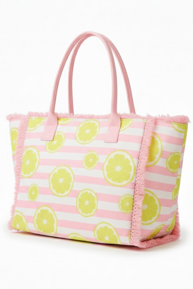 Lemon Drop Fringe Pink Striped Tote
