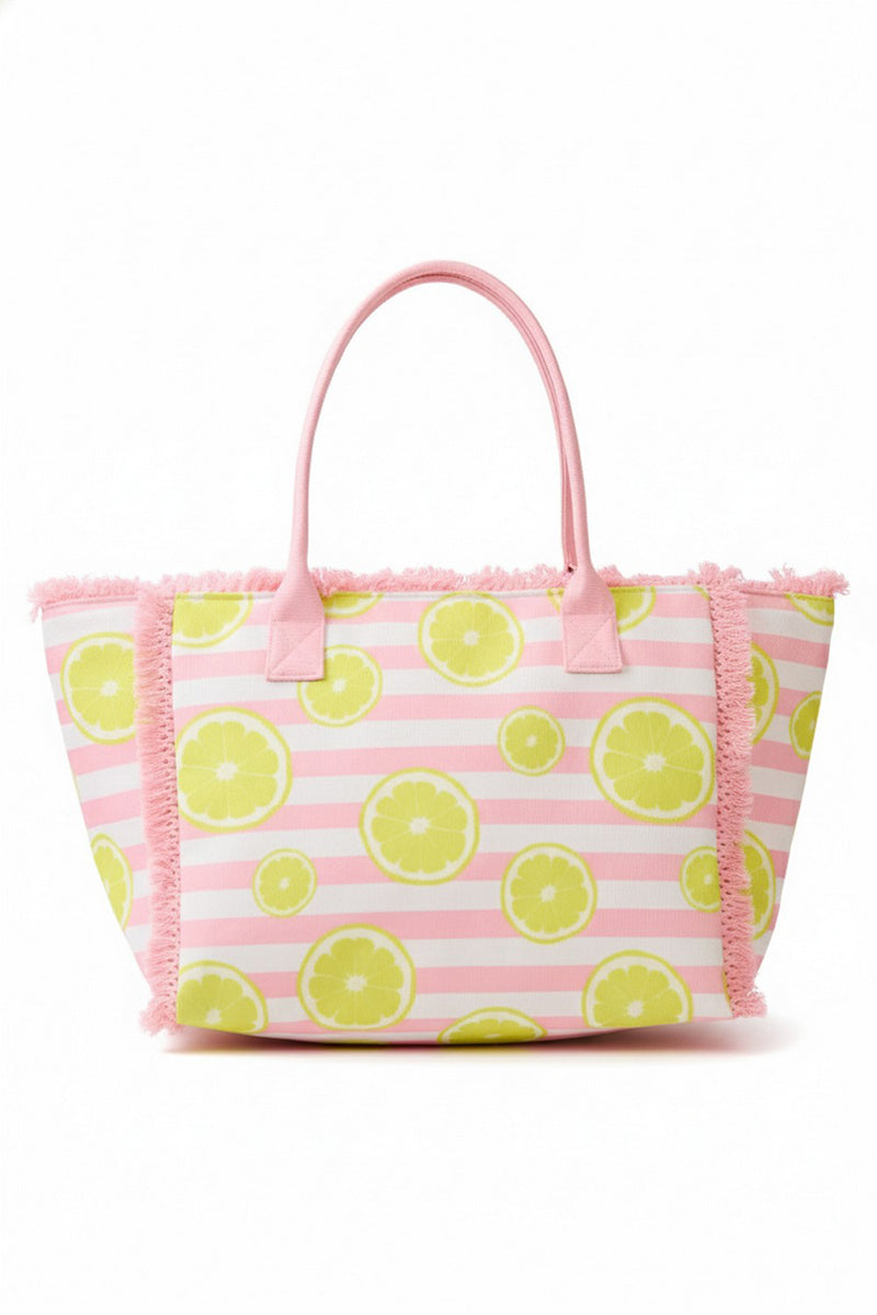 Lemon Drop Fringe Pink Striped Tote