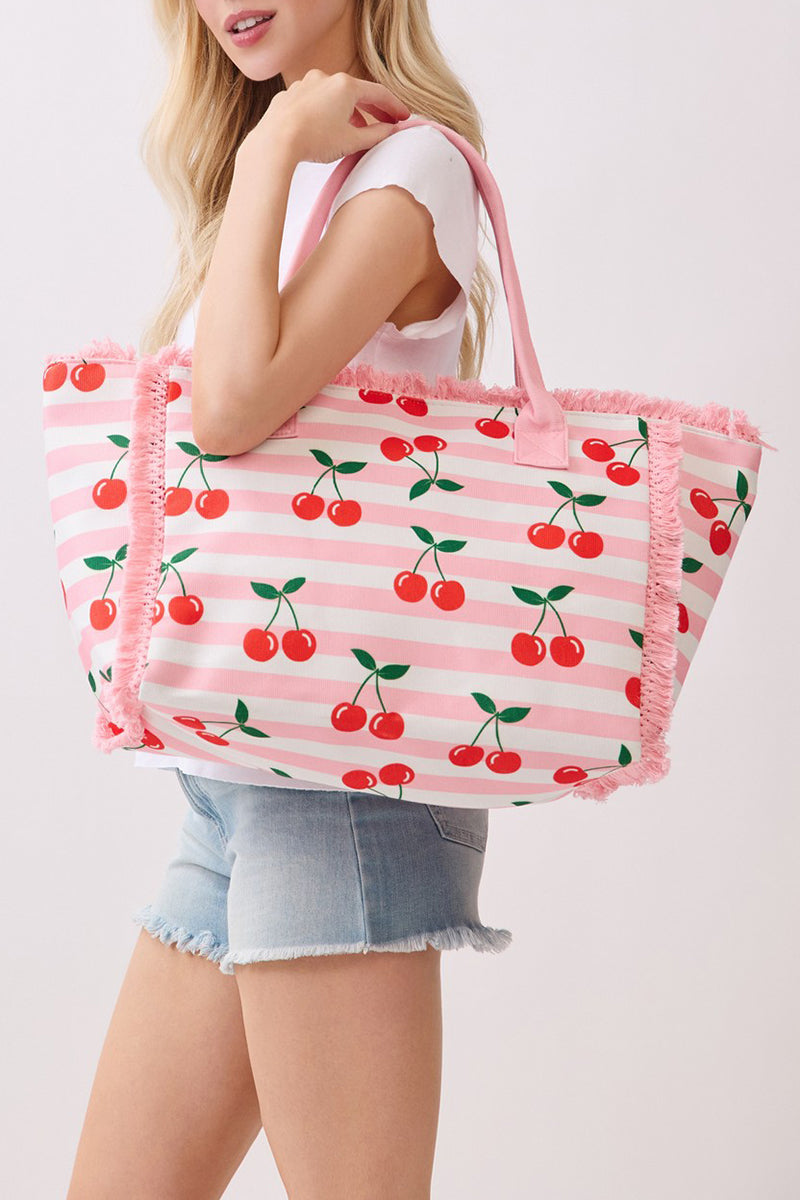 Cherry Crush Fringe Pink Striped Tote