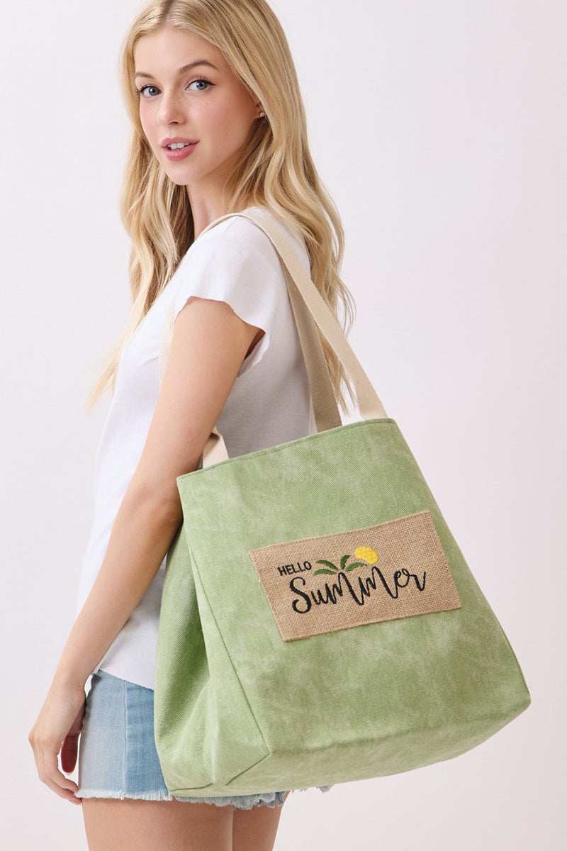 Hello Summer Patch Olive Canvas Cinch Tote