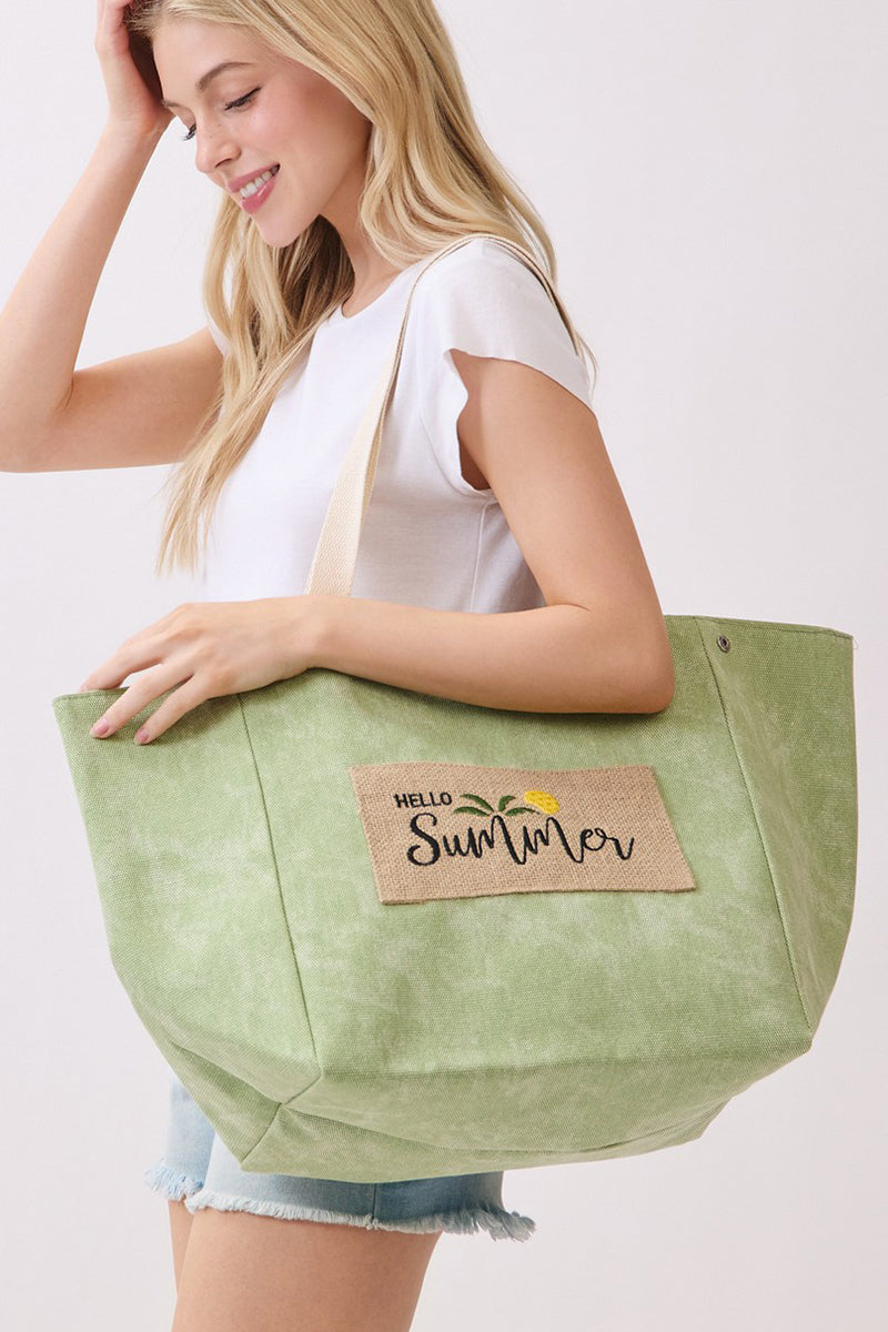 Hello Summer Patch Olive Canvas Cinch Tote
