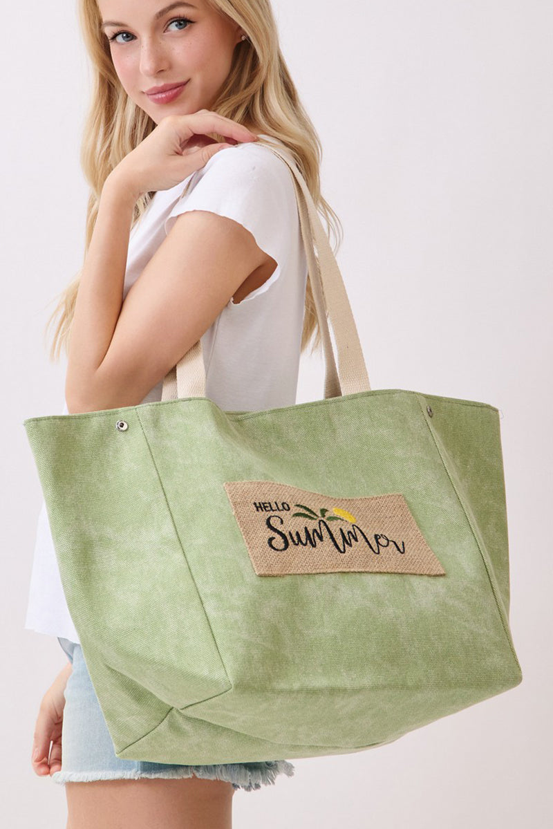 Hello Summer Patch Olive Canvas Cinch Tote