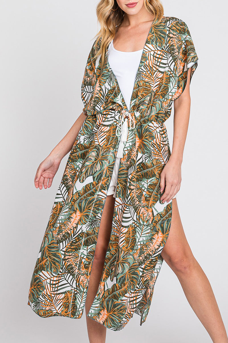 Coastal Canopy Green & White Long Drawstring Kimono