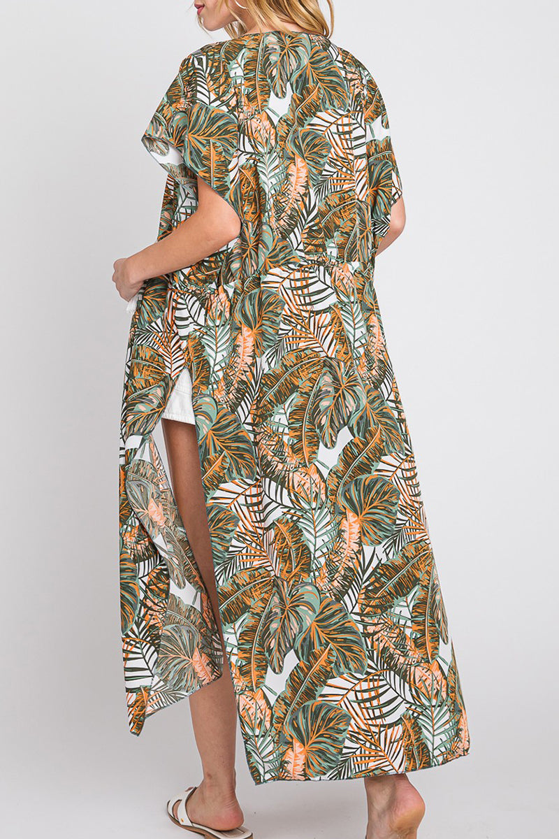 Coastal Canopy Green & White Long Drawstring Kimono