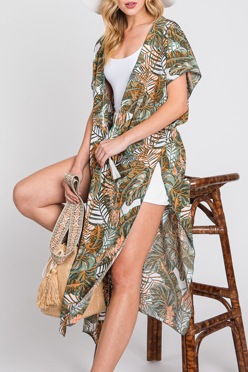 Coastal Canopy Green & White Long Drawstring Kimono